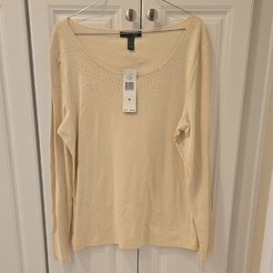 Lauren Ralph Lauren Cream Long Sleeve Scoop Neck Top with Subtle Rhinestones